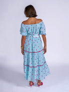 Back view heart print tiered midi dress blue stripe