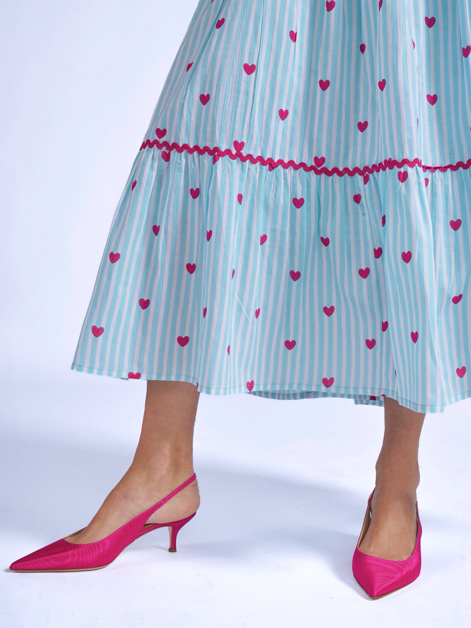 Tiered hem blue stripe midi dress heart print detail