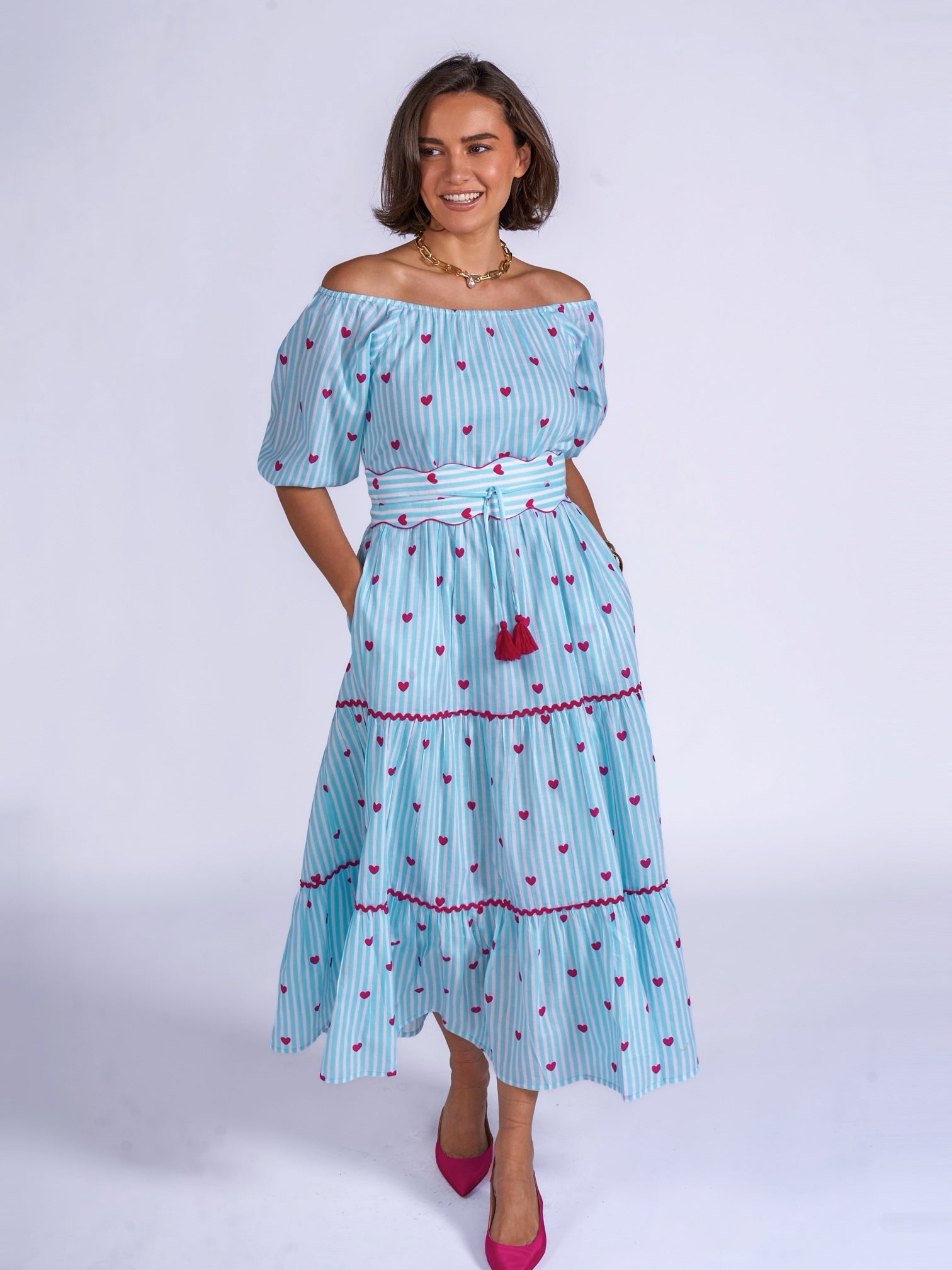 New Day Originals Michelle blue stripe midi dress pink heart print