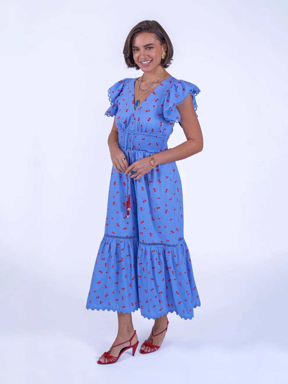 New Day Originals Misha cherry print midi dress lace sleeve detail