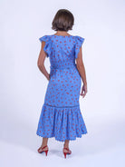 New Day Originals Misha blue cherry midi dress back zip detail