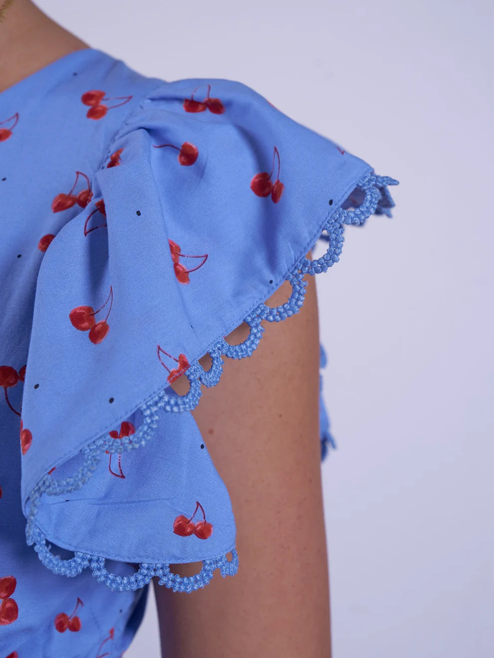 New Day Originals Misha blue cherry midi dress smocked waist detail