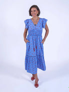 New Day Originals Misha blue cherry print midi dress front view