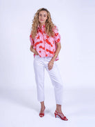 New Day Originals pink lobster print blouse red print front view
