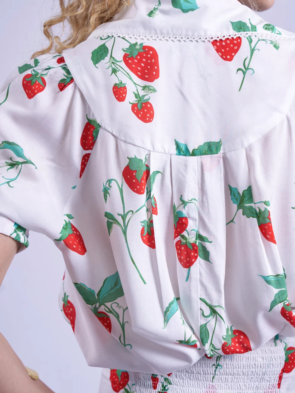 New Day Originals Paddington cotton blouse strawberry print short sleeve detail