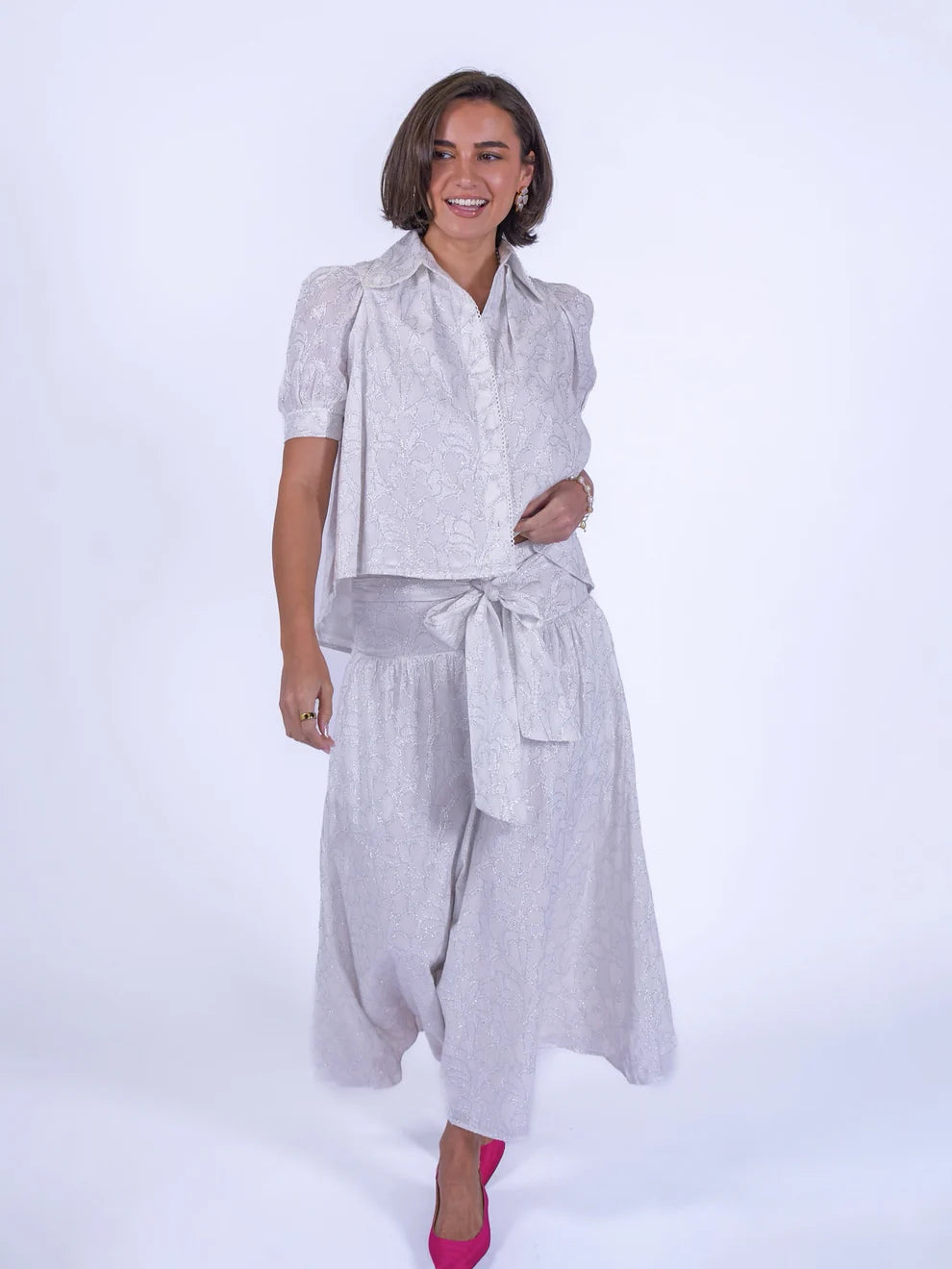 New Day Originals  Paddington white blouse with silver thread cotton front view