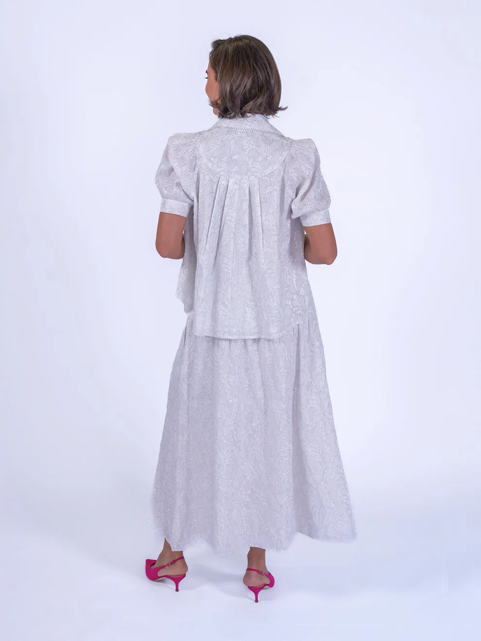 New Day Originals  Paddington blouse white and silver back detail high low hem from back 