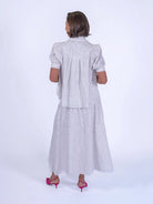 New Day Originals  Paddington blouse white and silver back detail high low hem from back 