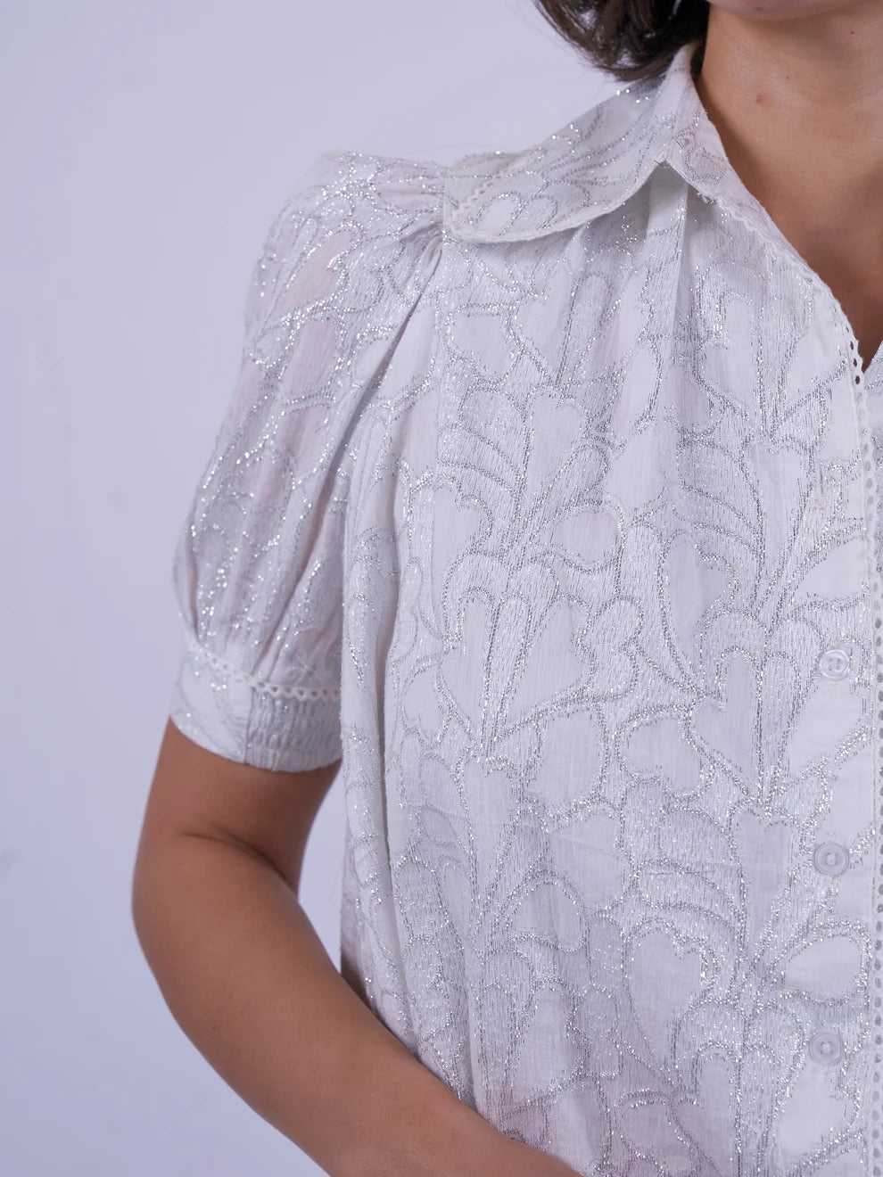 New Day Originals  Paddington blouse lace collar detail white and silver close up