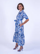 New Day Originals blue botanical print shirt dress fabric and print detai