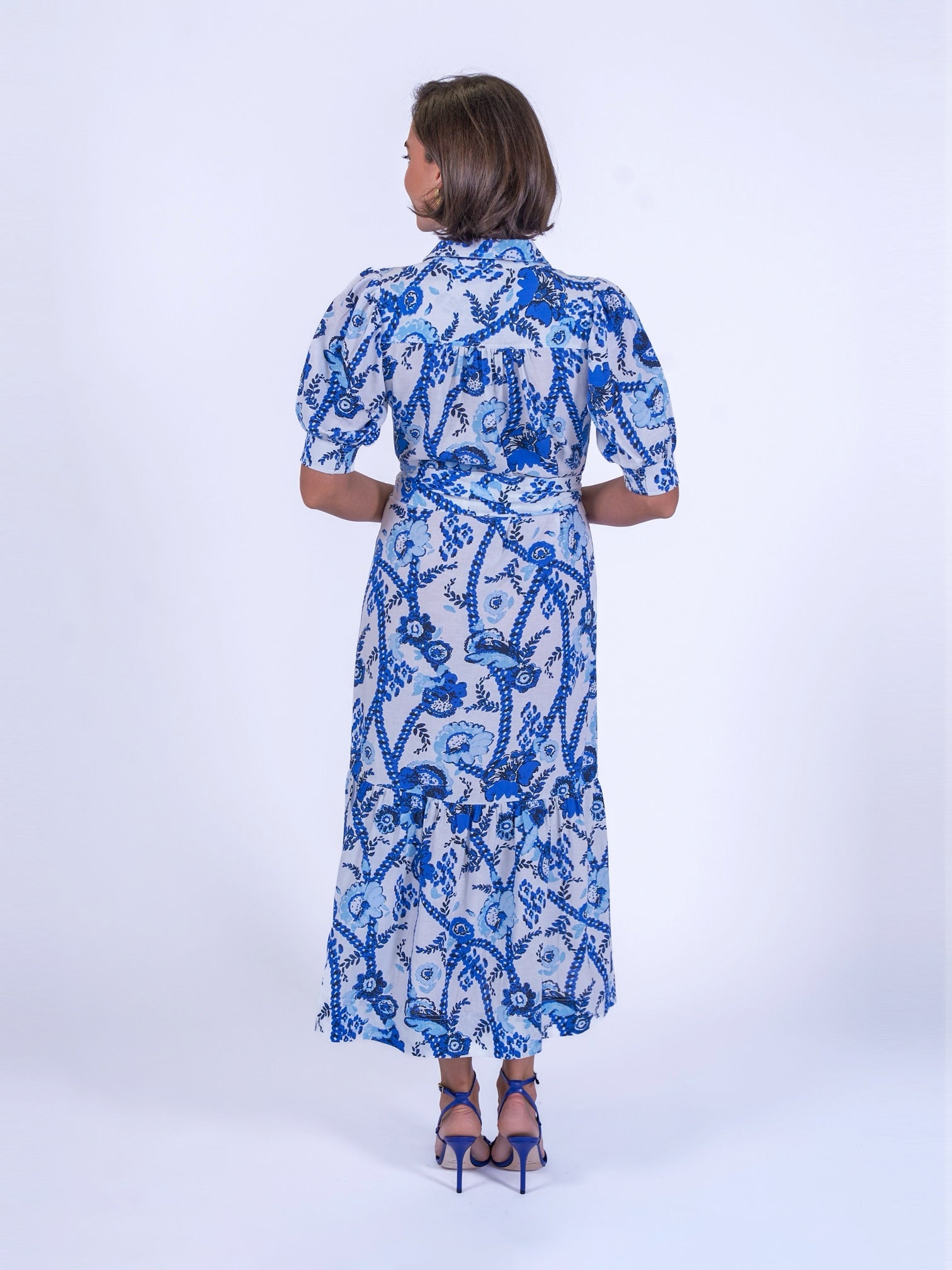 New Day Originals blue botanical print tiered shirt dress back view