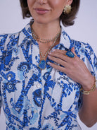 New Day Originals blue botanical print shirt dress patch pockets bodice detail
