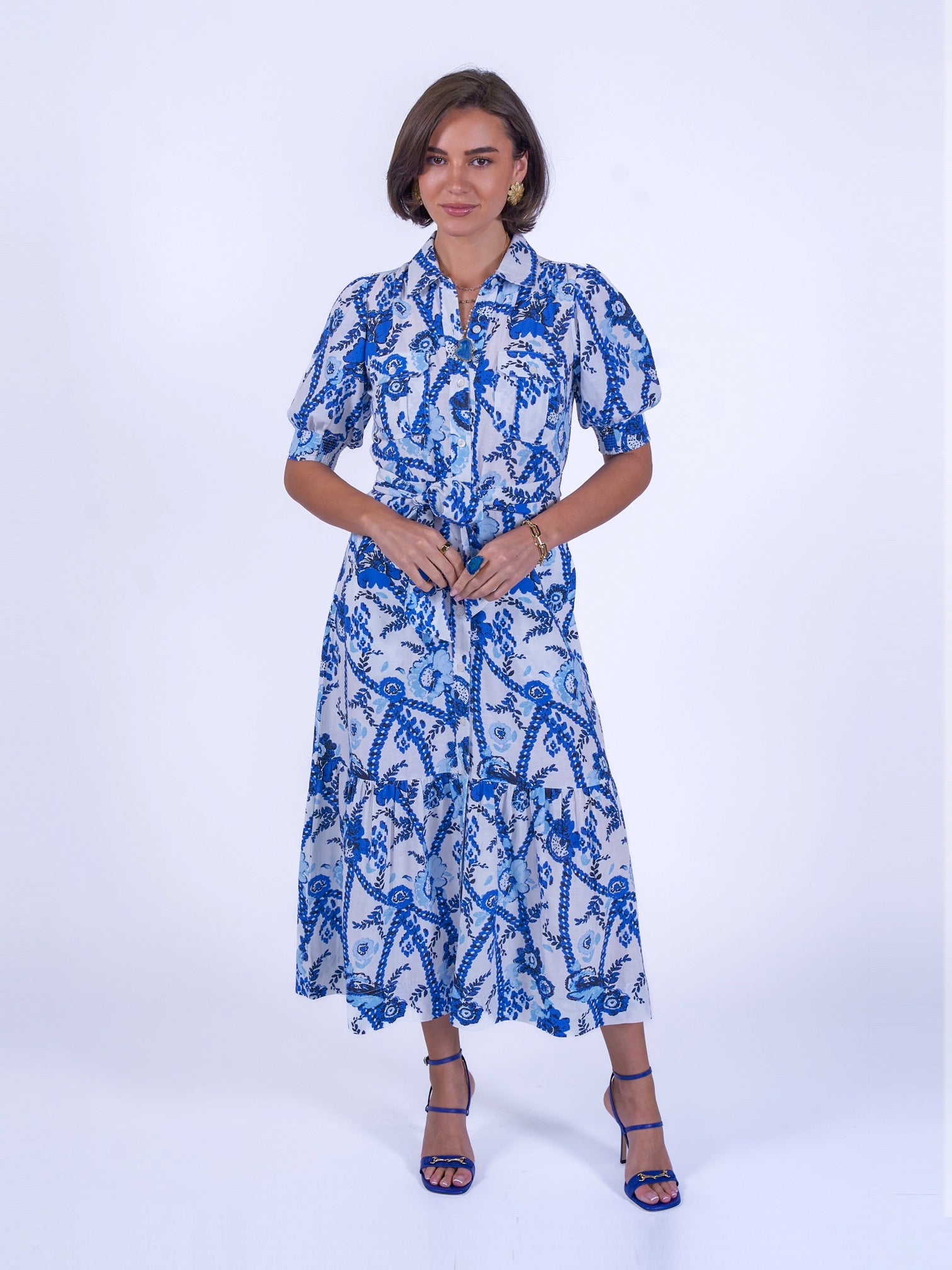New Day Originals blue botanical print tiered shirt dress belted midi front view