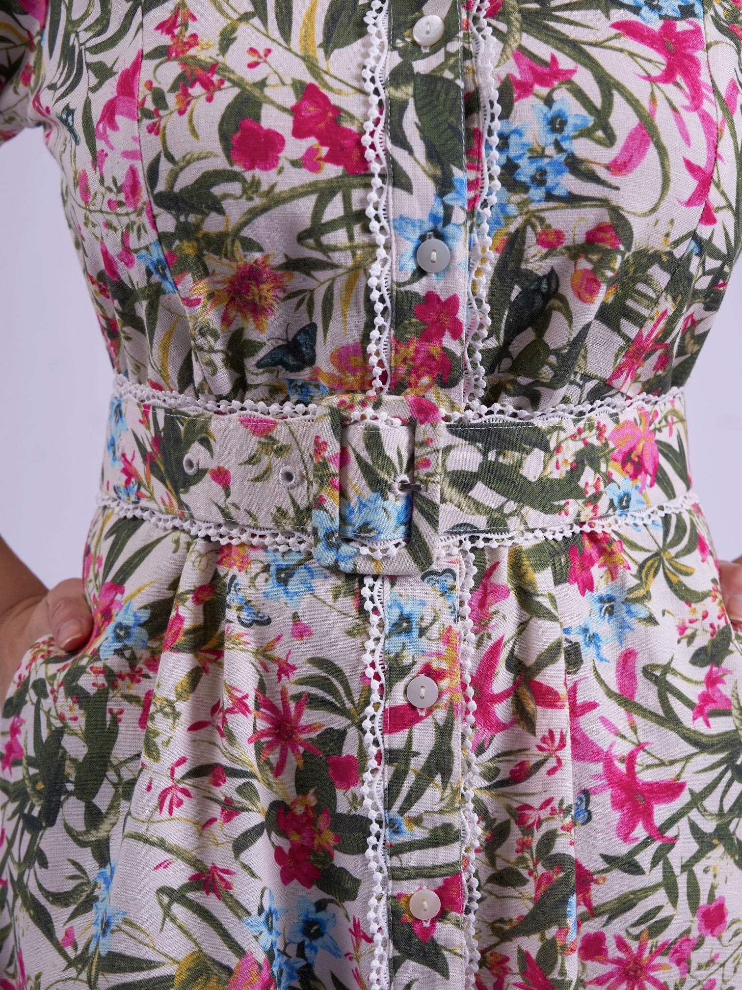 New Day Originals Sydney botanical print shirt dress belted waist detail