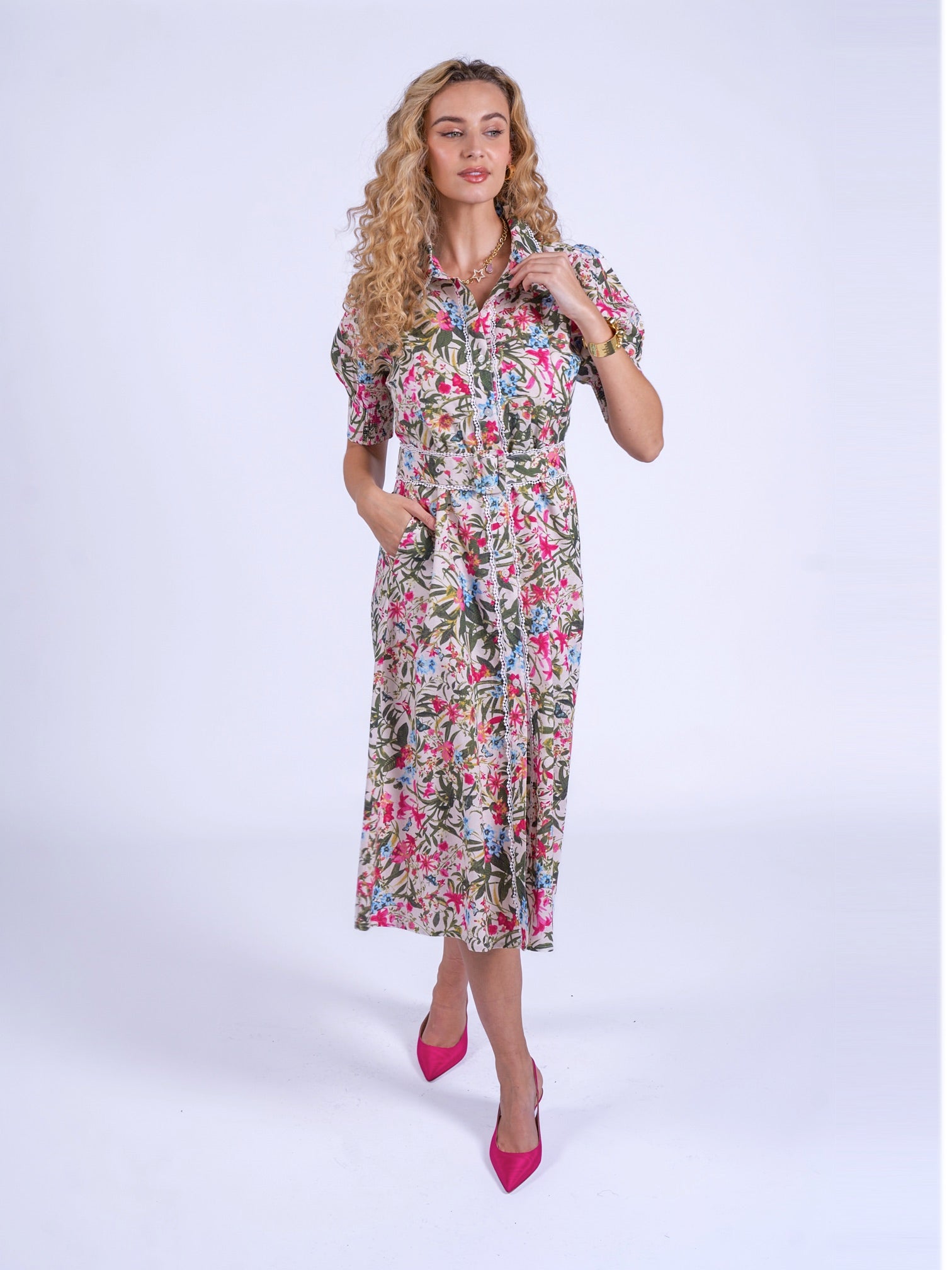 New Day Originals Sydney botanical print shirt dress belted waist detail