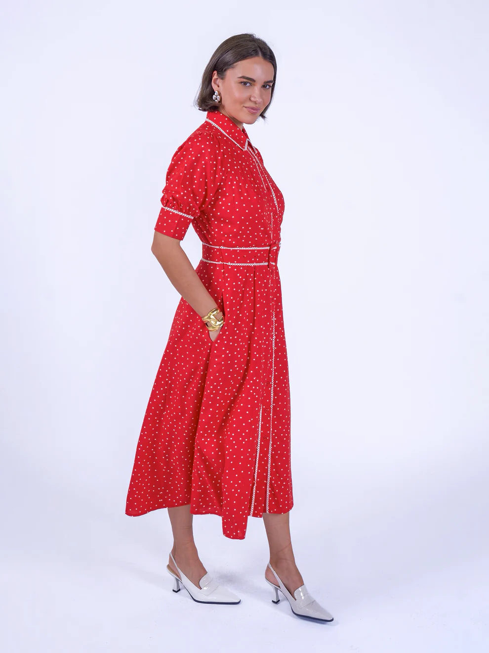 New Day Originals Sydney red polka dot midi shirt dress side view