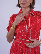 New Day Originals Sydney red polka dot dress lace trim collar detail