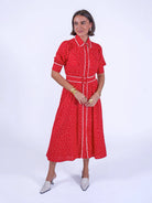 New Day Originals Sydney red polka dot button through midi dress front view