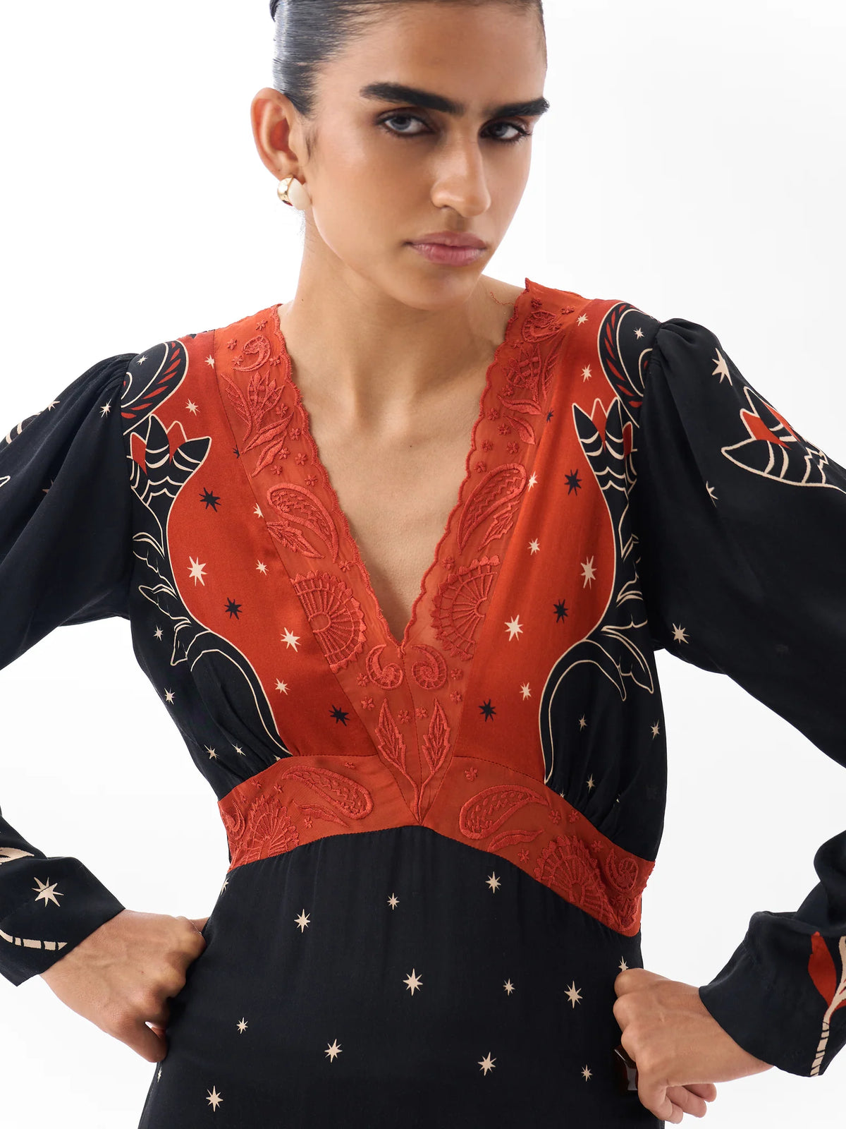 NOIB Aura black and orange-red maxi dress showing decorative V-neckline and hand-beaded detail – close-up.