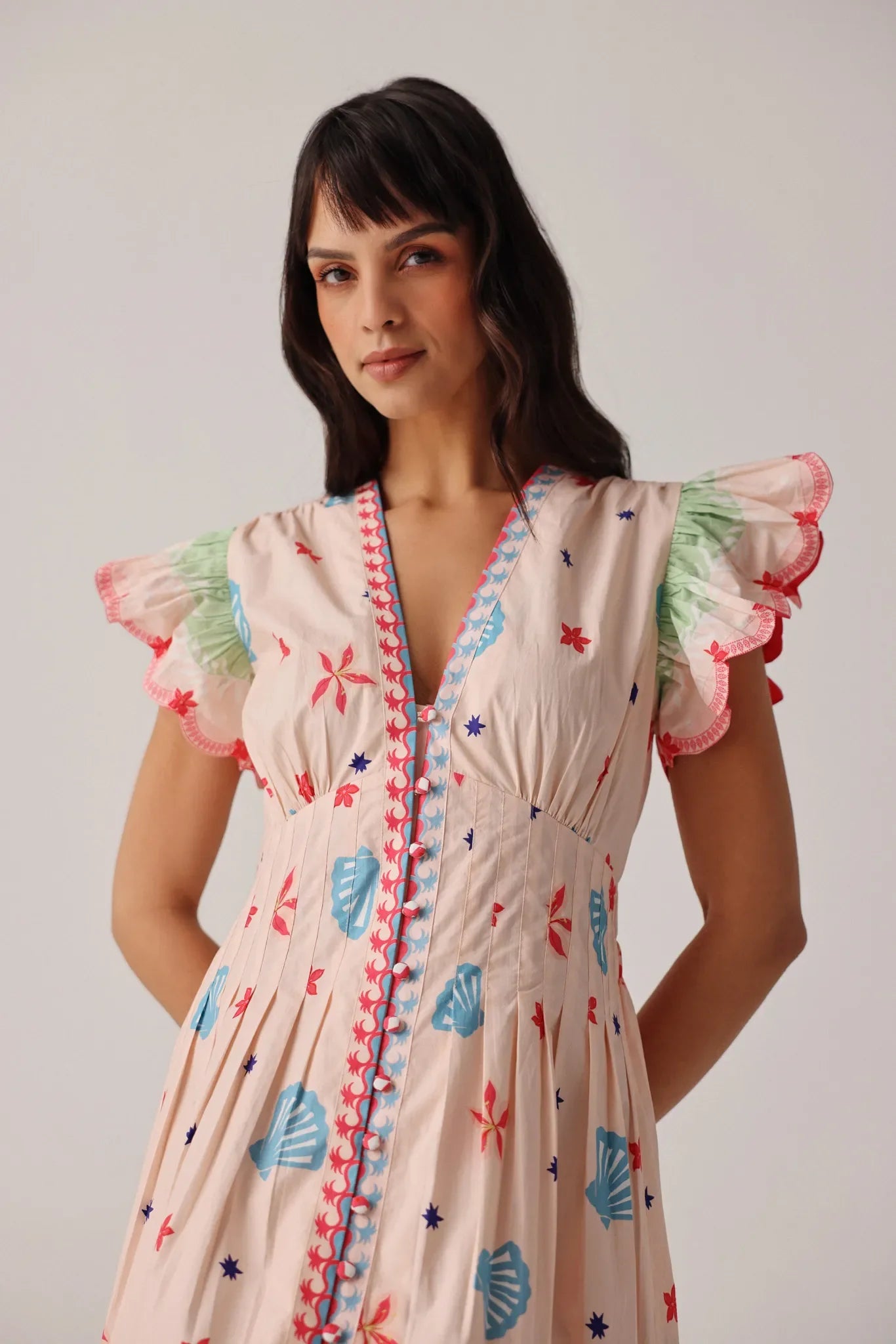 NOIB Estrella pineapple print dress detail ruffle sleeve and neckline