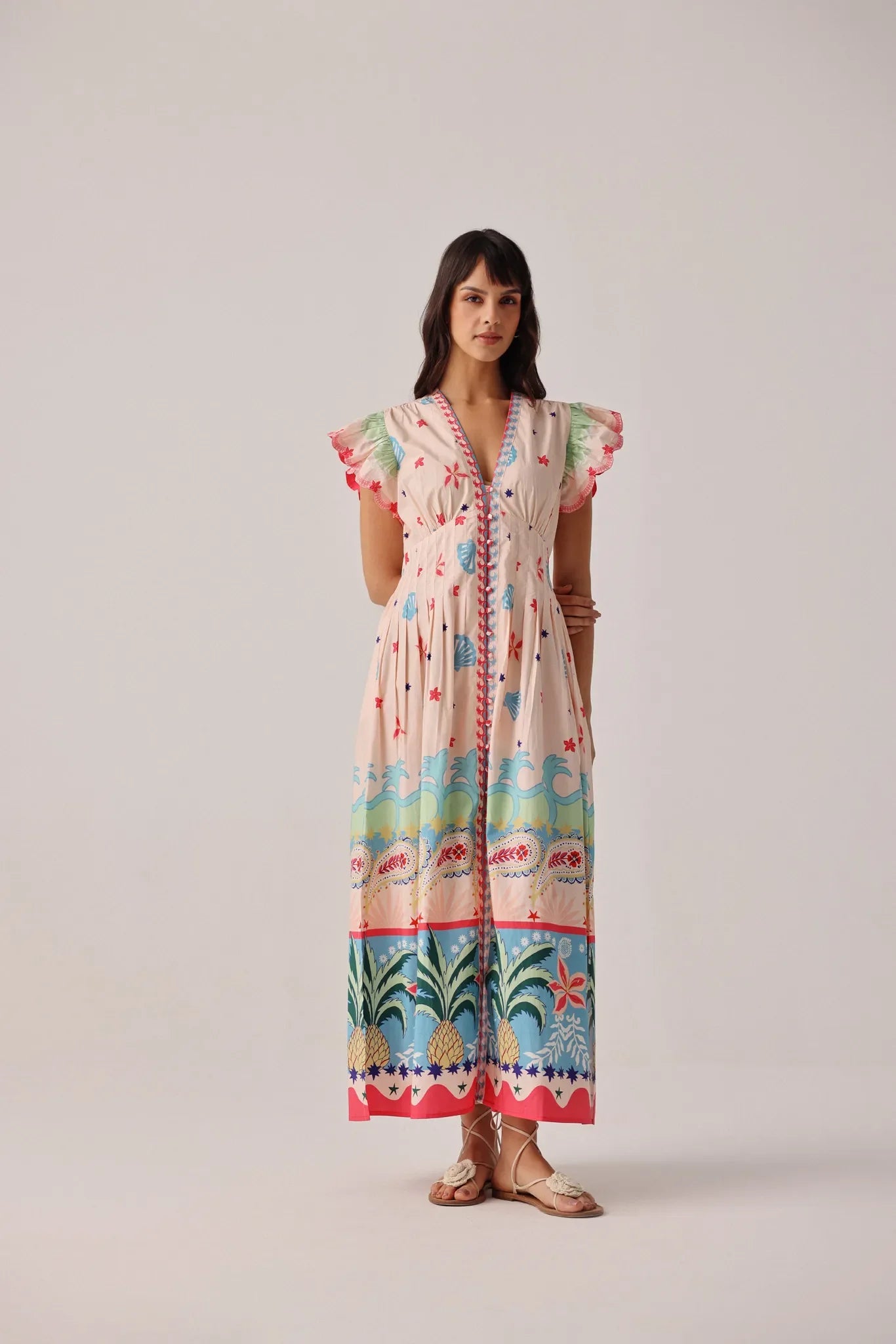 NOIB Estrella pineapple print maxi dress with ruffle sleeves front view