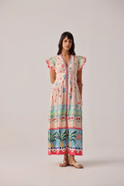 NOIB Estrella pineapple print maxi dress with ruffle sleeves front view