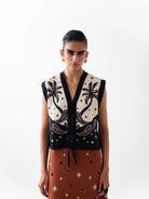 NOIB Lola Nocturnal Jungle black and ivory jacquard knitted waistcoat with palm tree motifs – front model view.