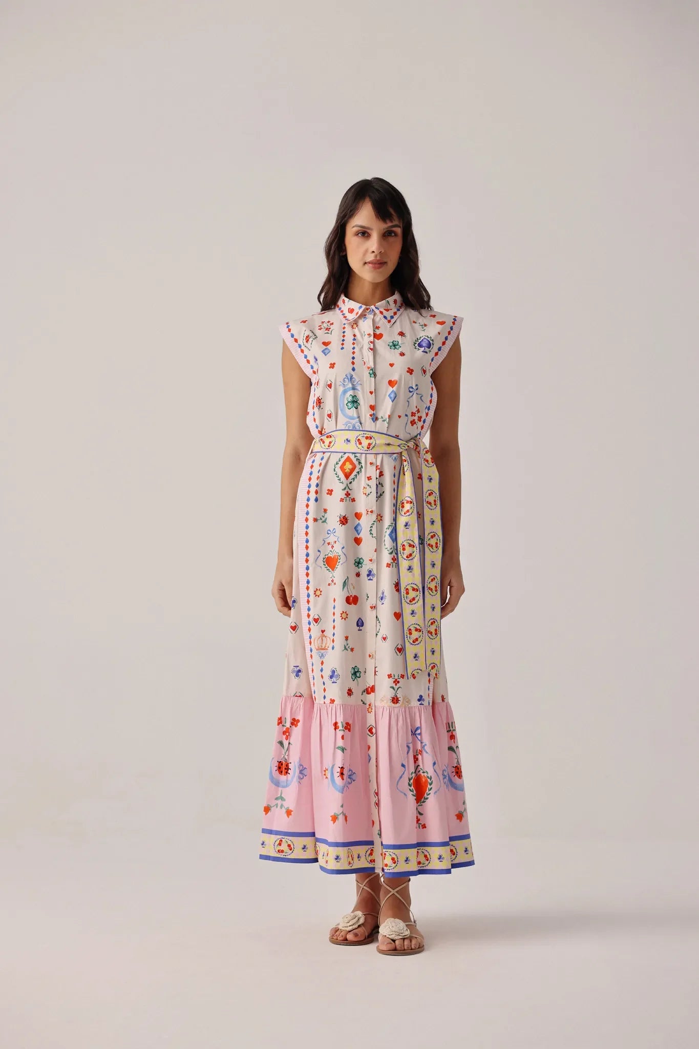 NOIB Vega tiered printed shirt dress with belted waist.