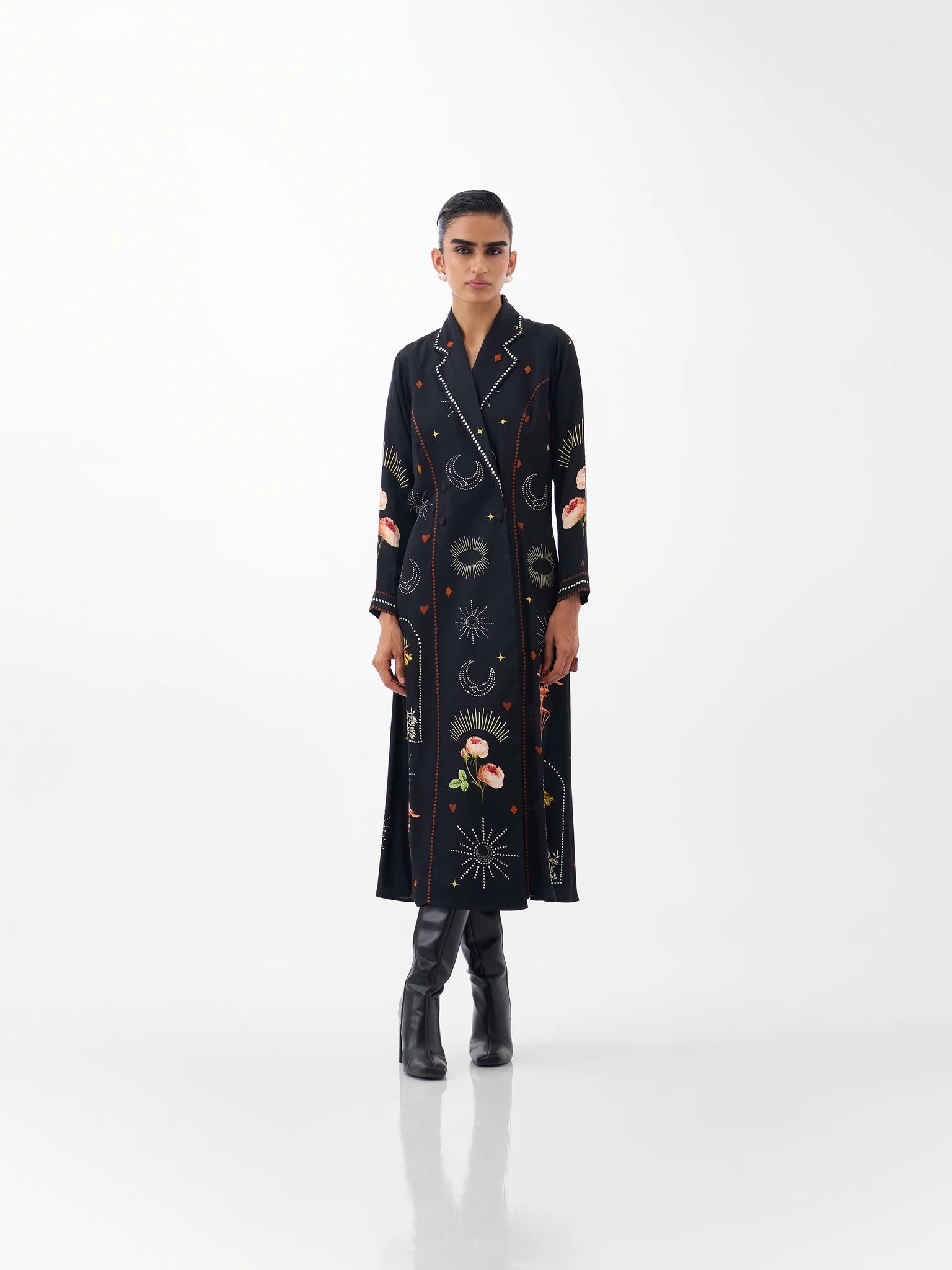 NOIB Willow black Postcards & Petals print maxi blazer dress with double-breasted front – full model view