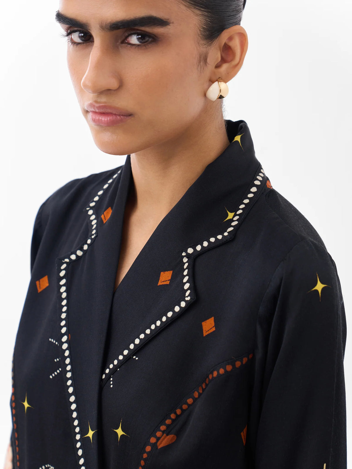 NOIB Willow Postcards & Petals dress with patterned lapel trim and button detailing – neckline close-up