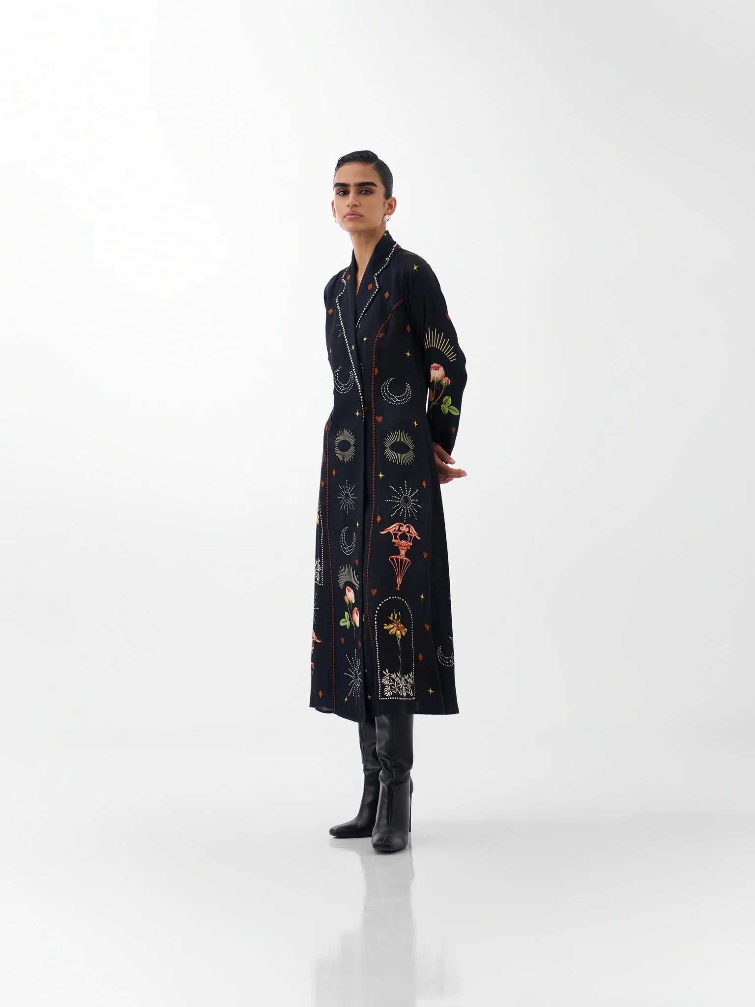 NOIB Willow long black botanical print blazer dress with long sleeves – three-quarter model view