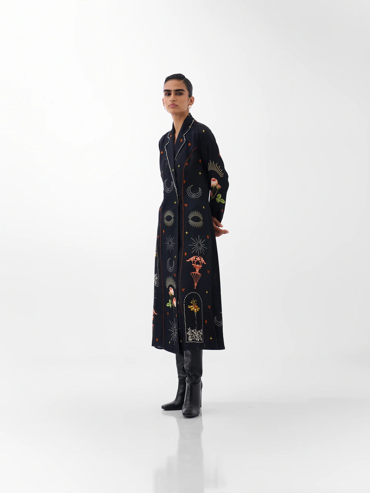 NOIB Willow long black botanical print blazer dress with long sleeves – three-quarter model view
