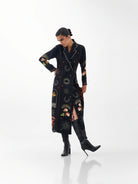 NOIB Willow Postcards & Petals double-breasted maxi dress styled with black knee-high boots – full model view