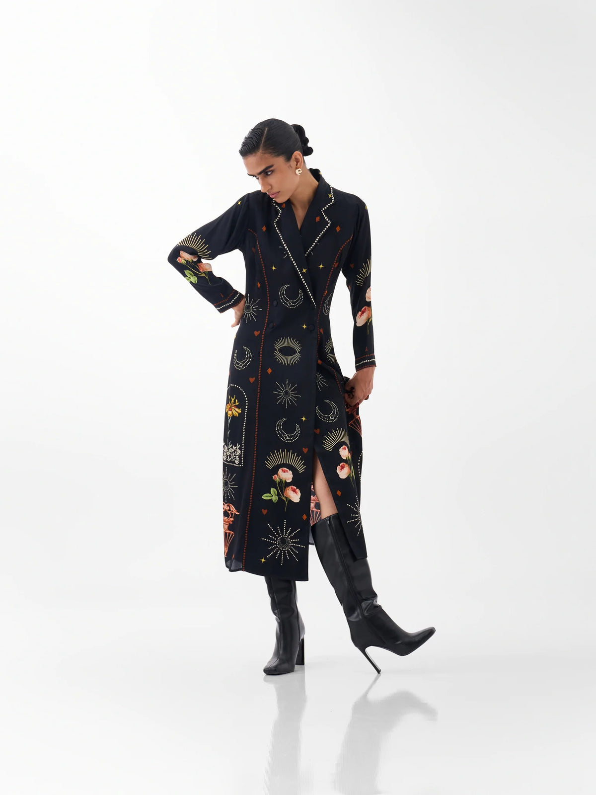 NOIB Willow Postcards & Petals double-breasted maxi dress styled with black knee-high boots – full model view