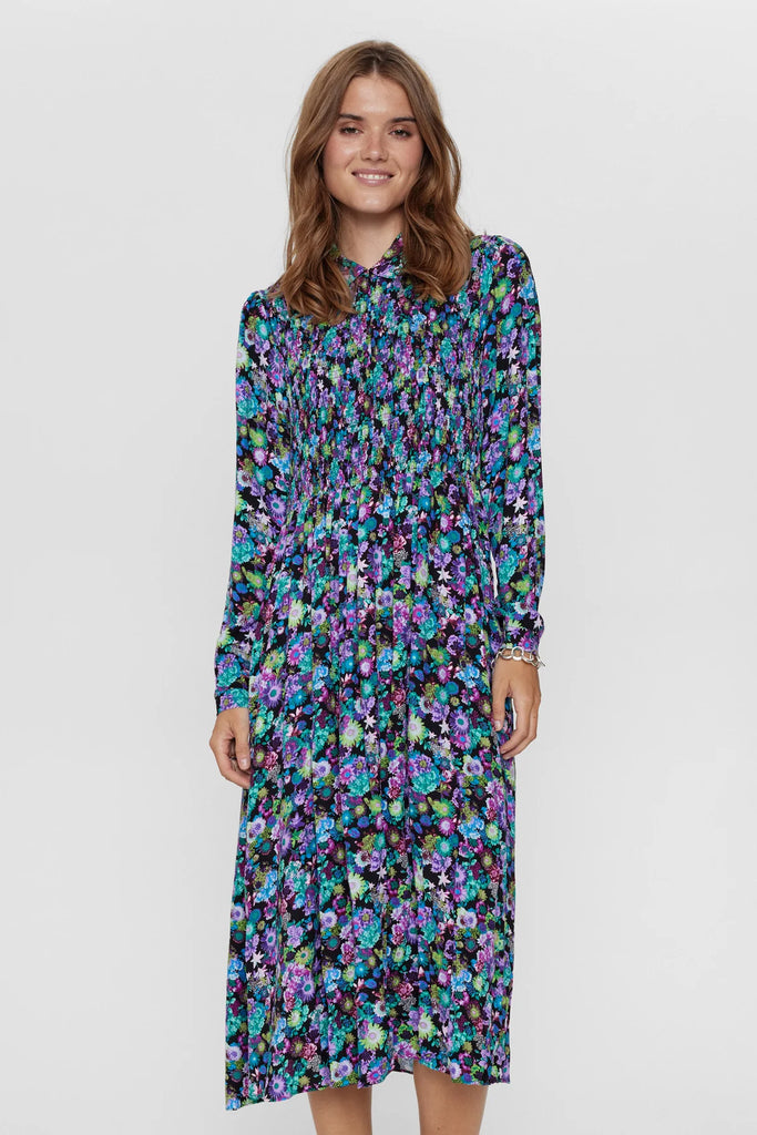 Numph Nuviola Smocked Floral Print Long Sleeve Midi Dress