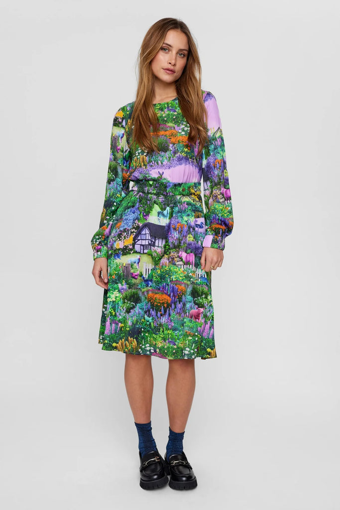 Numph Nuallison Green/Purple Cottage Print Dress
