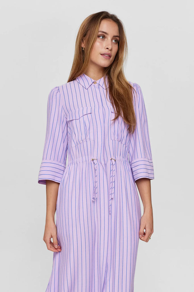 Numph Nuaqua Lilac Pinstripe Shirt Dress With Elbow Length Sleeves