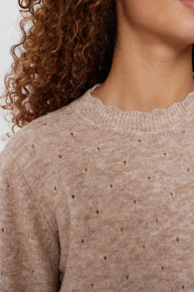 Numph Nucarli Pointelle Knit Jumper In Sesame With Scalloped Round Neck