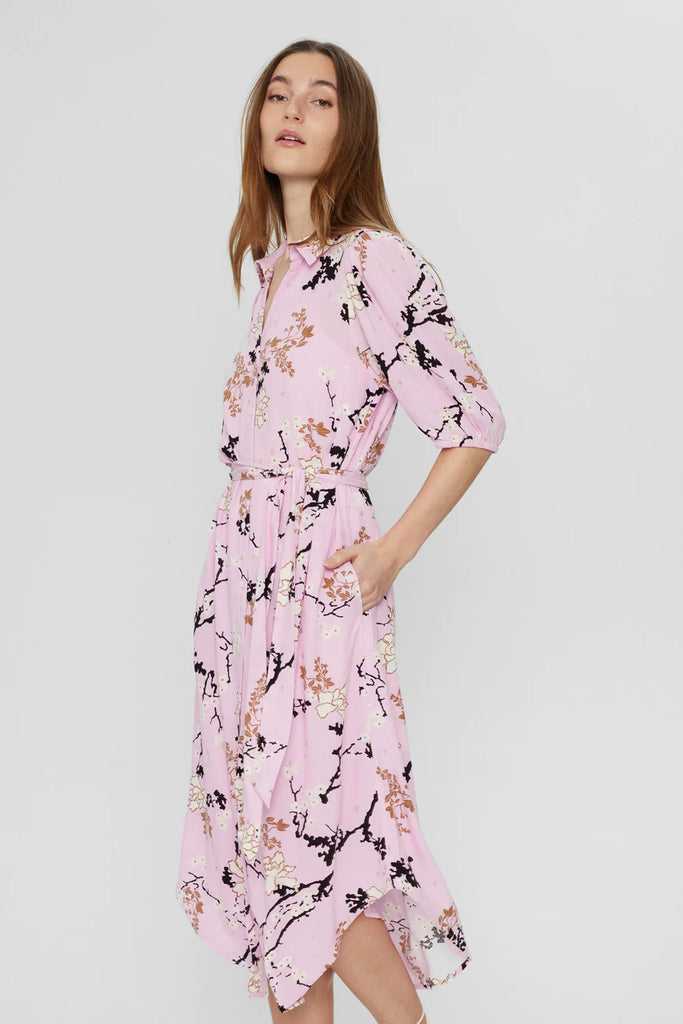 Numph Nucatalin Pink Belted  Blossom Print Dress 