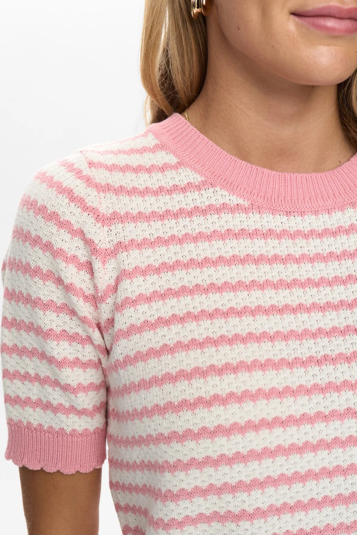 Numph pink and cream stripe jumper neckline detail