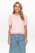 Numph pink striped short sleeve knit jumper front view
