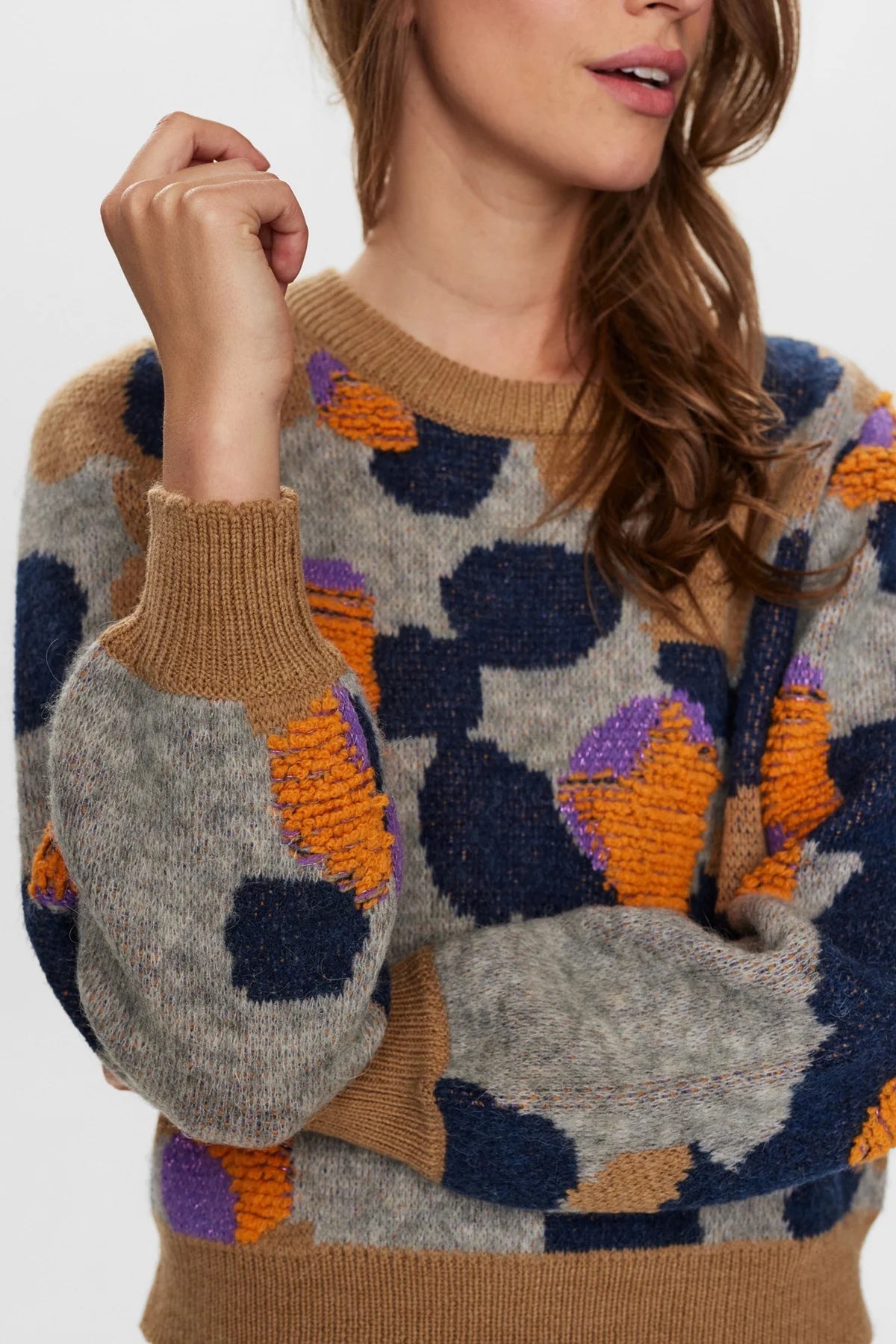 Numph Nugrit Knitted Camo Pattern Jumper Bold Orange Purple Design Ribbon Rouge Boutiques