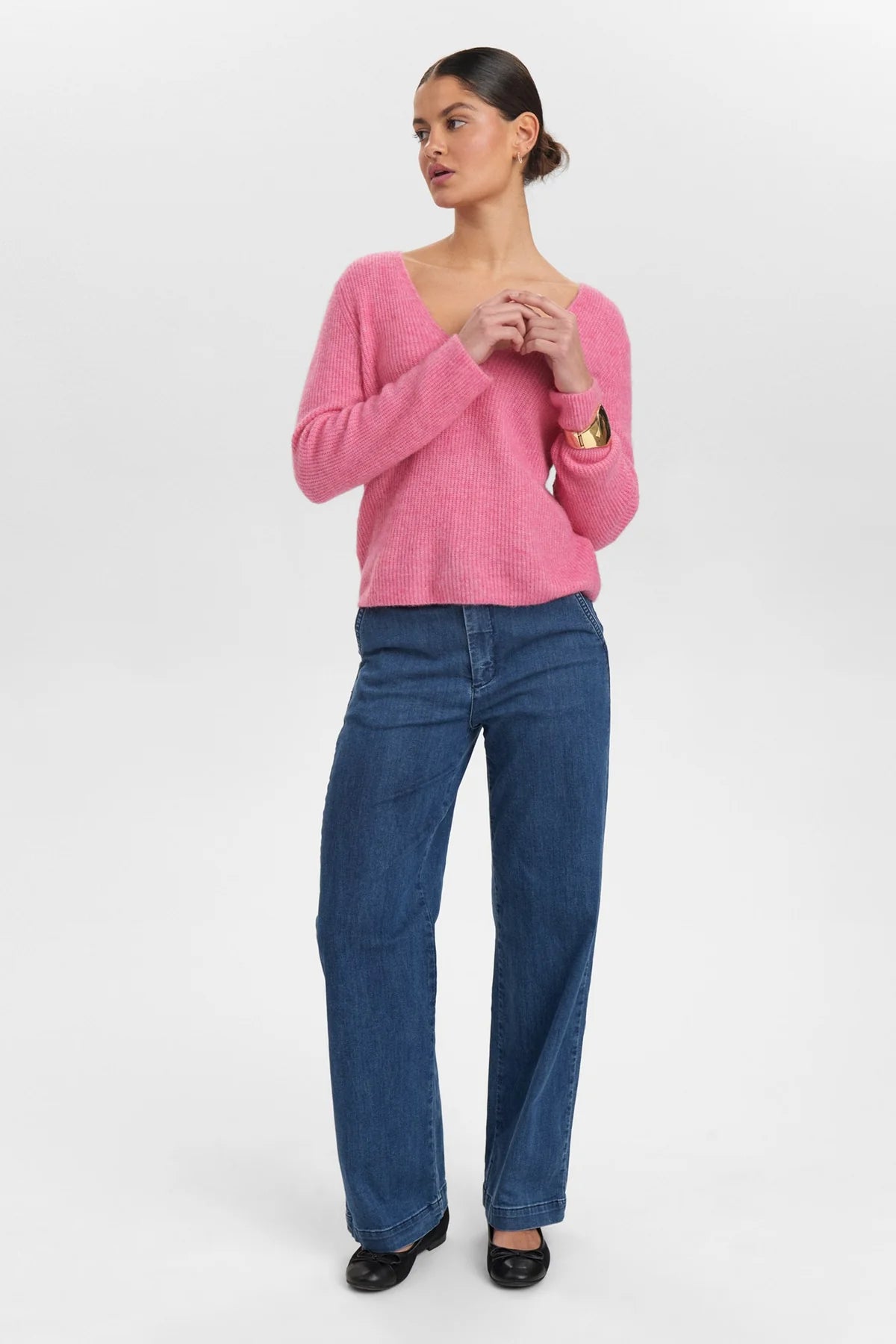 Numph Nuriette Pink Ribbed V Neck Wool Blend Jumper From Back 