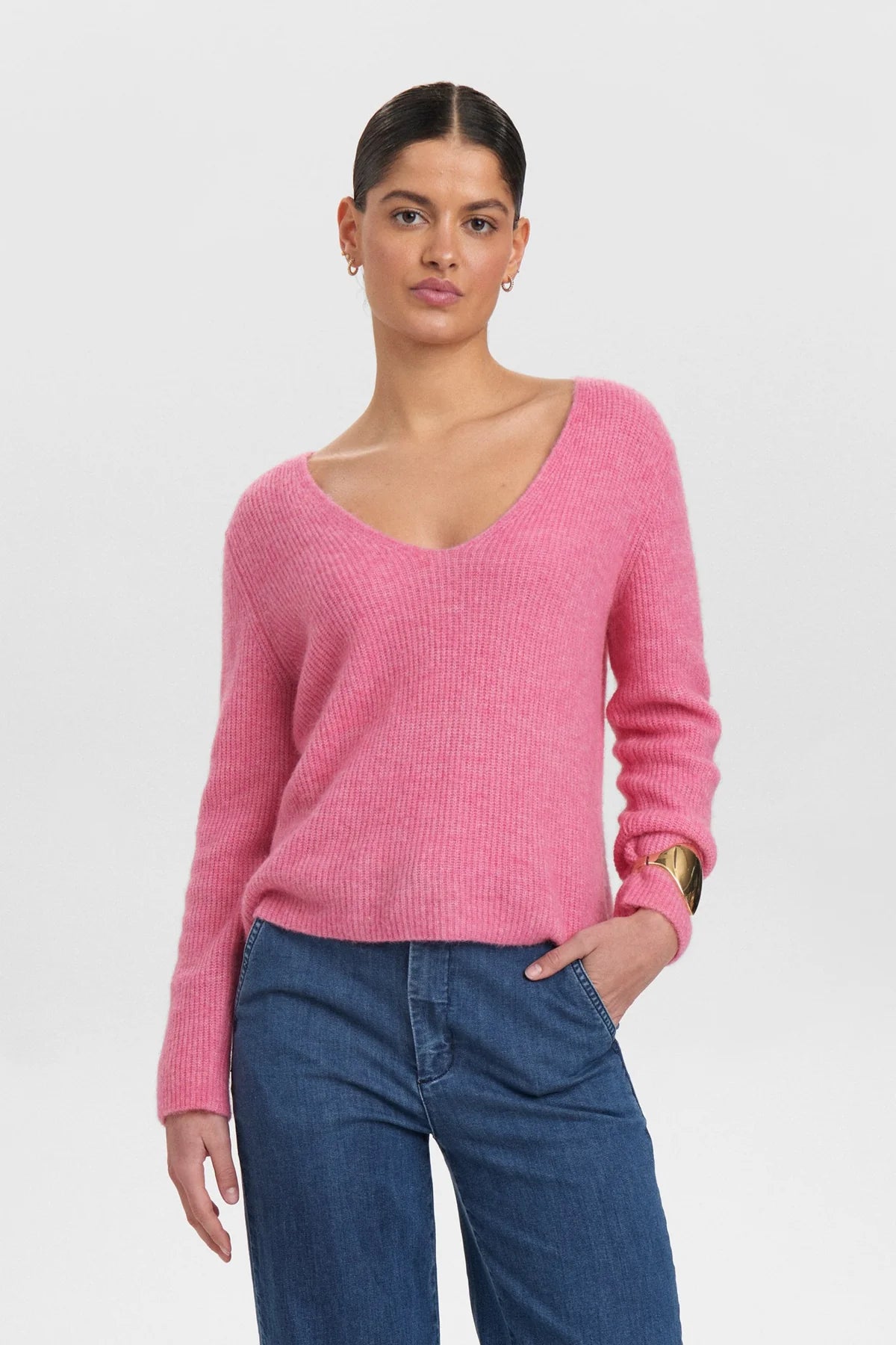 Numph Nuriette Pink Rib V Neck Wool Blend Jumper