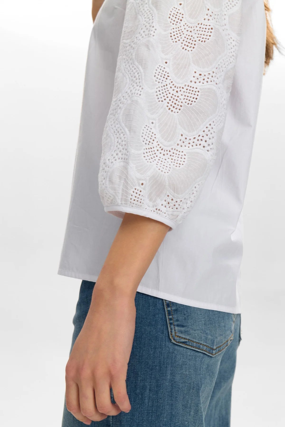 Numph Nuhensley Round Neck Blouse With Broderie Lace Sleeves in White 