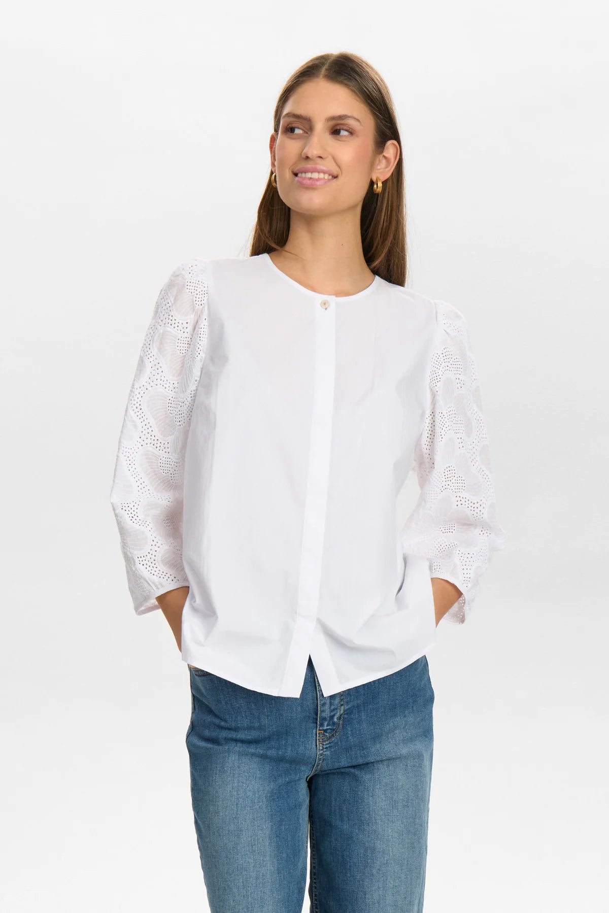 Numph Nuhensley White No Collar  Blouse With Broderie Sleeve