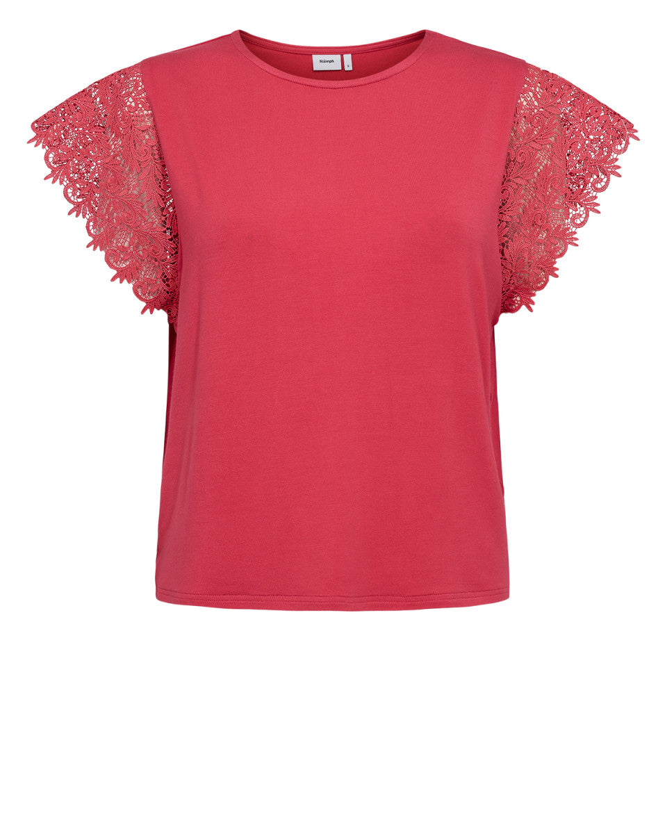 Numph Nubitta Short Lace Sleeve Top In Coral 