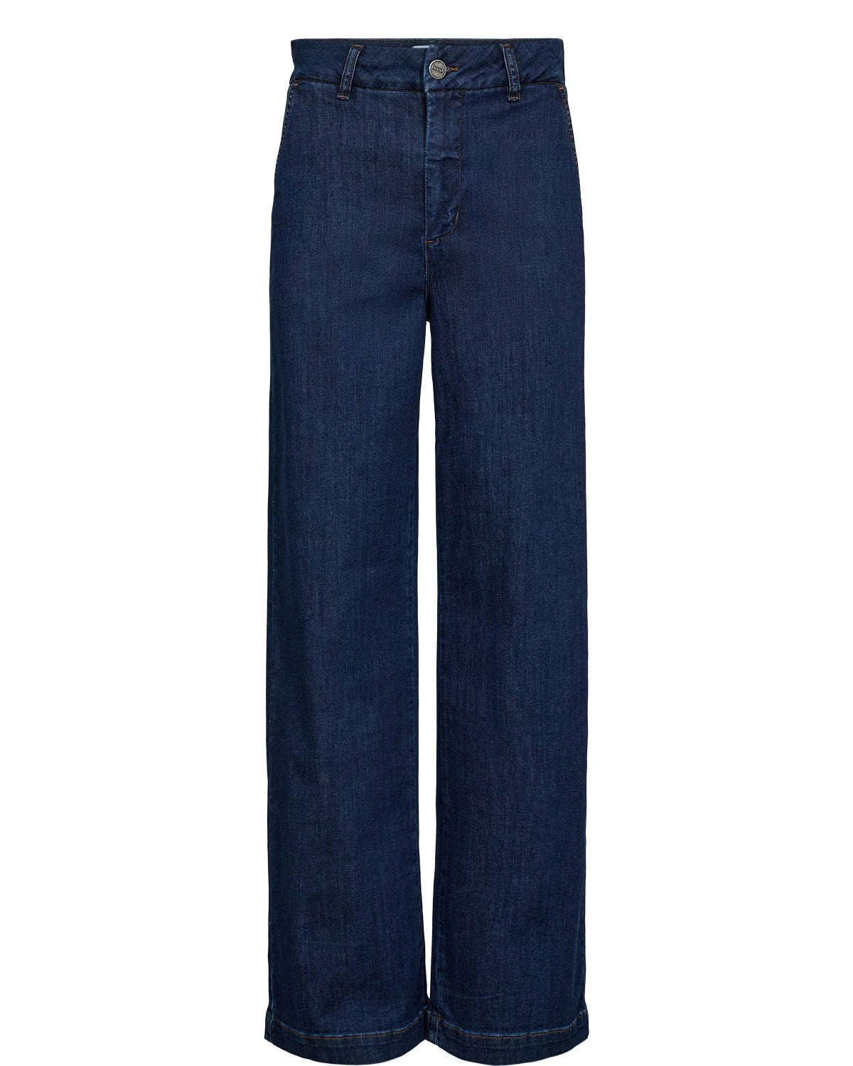 Nümph Nuamber flared denim jeans in dark blue wash, wide-leg cut, front flat lay.
