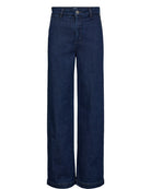 Nümph Nuamber flared denim jeans in dark blue wash, wide-leg cut, front flat lay.