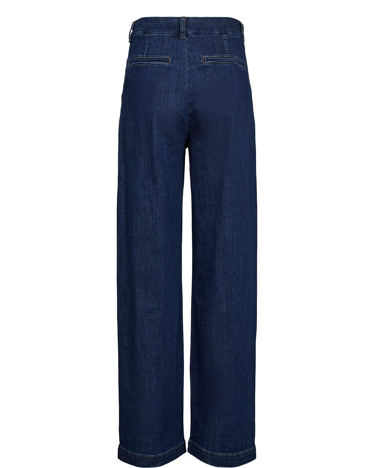 Nümph Nuamber wide-leg flared denim jeans in dark blue wash, back flat lay with welt pocket detail.
